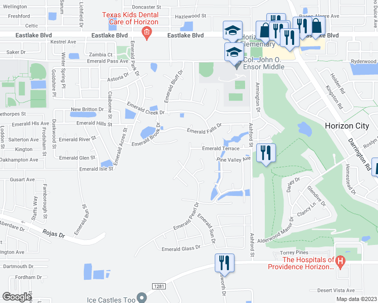 map of restaurants, bars, coffee shops, grocery stores, and more near 11621 Emerald Rise Drive in El Paso