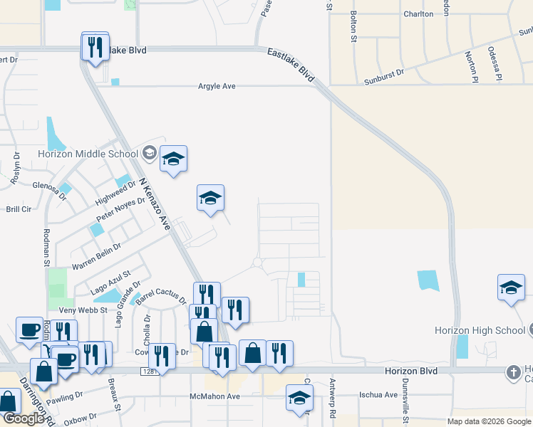 map of restaurants, bars, coffee shops, grocery stores, and more near 14341 Chris Zingo Lane in Horizon City