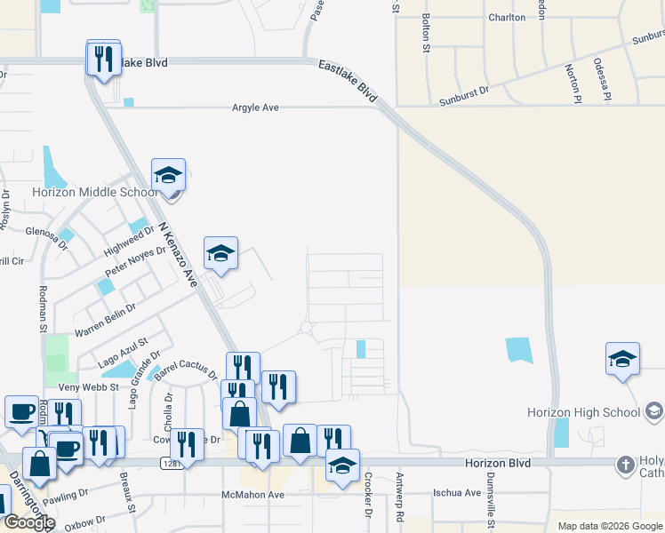 map of restaurants, bars, coffee shops, grocery stores, and more near 14341 Chris Zingo Lane in Horizon City