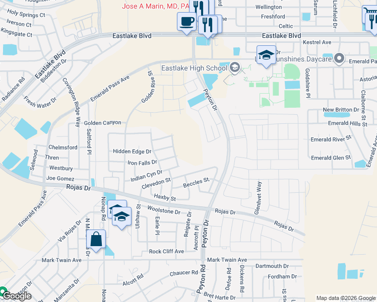 map of restaurants, bars, coffee shops, grocery stores, and more near Clevedon Street in Horizon City