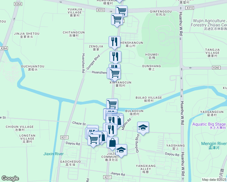 map of restaurants, bars, coffee shops, grocery stores, and more near Jiaxing Road in Changzhou