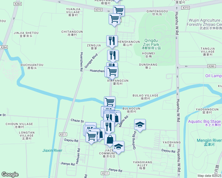 map of restaurants, bars, coffee shops, grocery stores, and more near Jiaxing Road in Changzhou