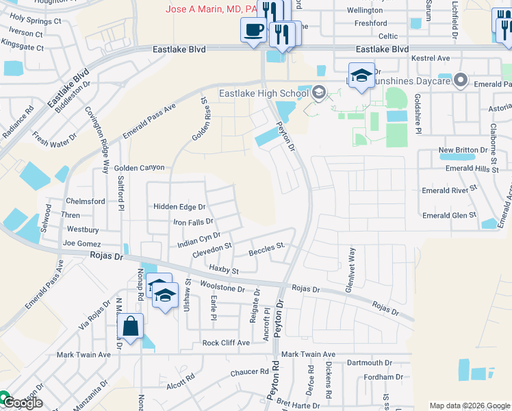 map of restaurants, bars, coffee shops, grocery stores, and more near Clevedon Street in Horizon City