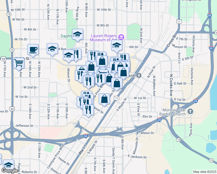 map of restaurants, bars, coffee shops, grocery stores, and more near 137 Leontyne Price Boulevard in Laurel