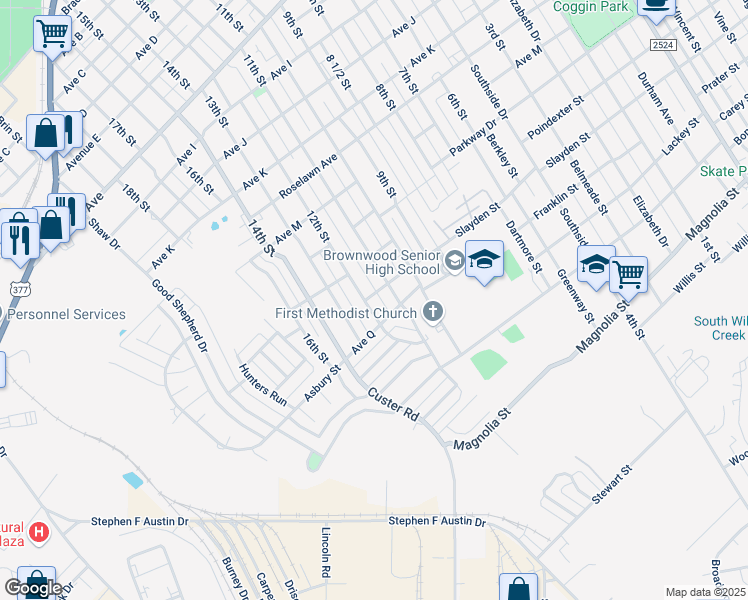 map of restaurants, bars, coffee shops, grocery stores, and more near 2406 12th Street in Brownwood