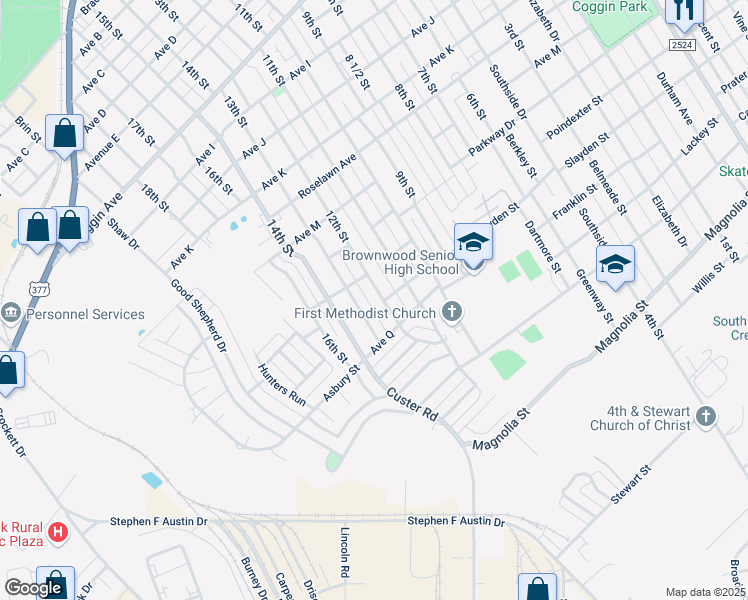 map of restaurants, bars, coffee shops, grocery stores, and more near 2310 13th Street in Brownwood