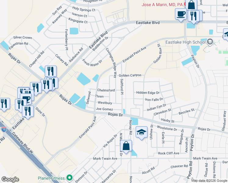 map of restaurants, bars, coffee shops, grocery stores, and more near 258 Silver Hill in El Paso