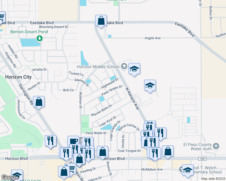 map of restaurants, bars, coffee shops, grocery stores, and more near 14116 Peter Noyes Drive in Horizon City