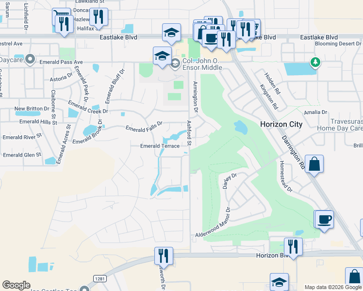 map of restaurants, bars, coffee shops, grocery stores, and more near 13451 Pine Valley Avenue in Horizon City