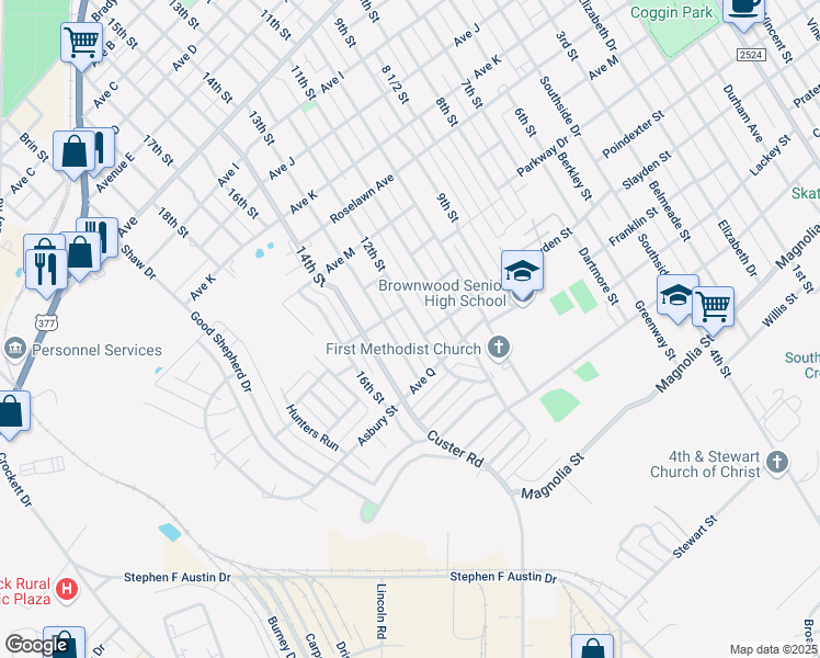 map of restaurants, bars, coffee shops, grocery stores, and more near 2310 13th Street in Brownwood