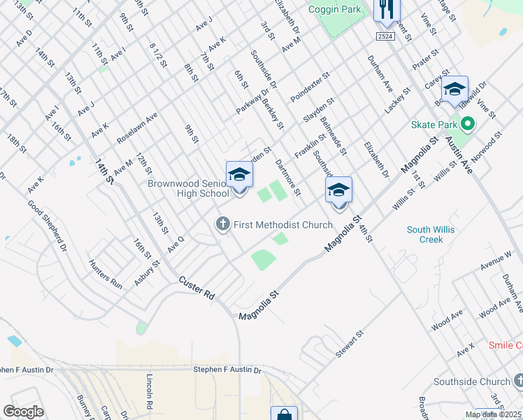 map of restaurants, bars, coffee shops, grocery stores, and more near 2100 Slayden Street in Brownwood