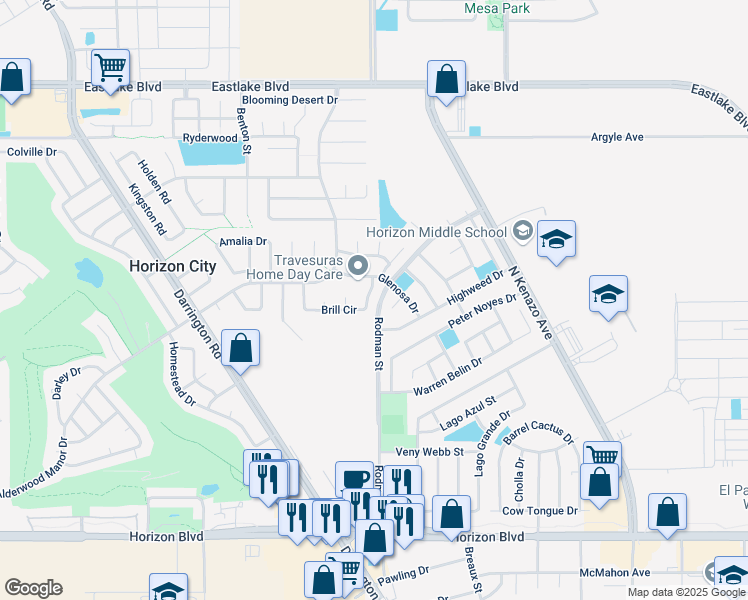 map of restaurants, bars, coffee shops, grocery stores, and more near 400 Brill Circle in Horizon City