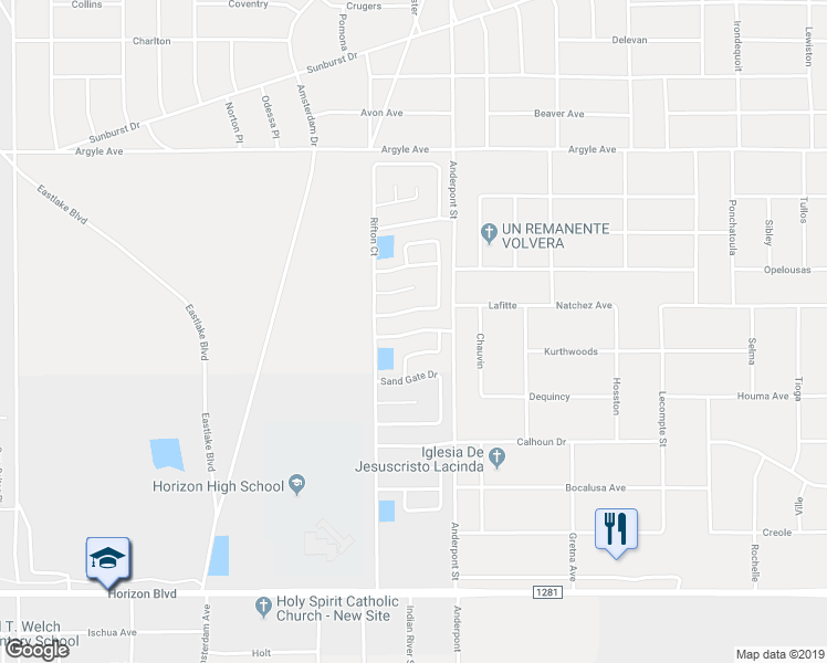 map of restaurants, bars, coffee shops, grocery stores, and more near 14724 Horizon Vista Avenue in Horizon City