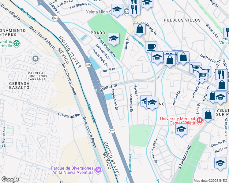 map of restaurants, bars, coffee shops, grocery stores, and more near in El Paso