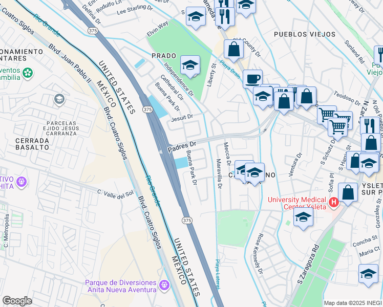 map of restaurants, bars, coffee shops, grocery stores, and more near in El Paso