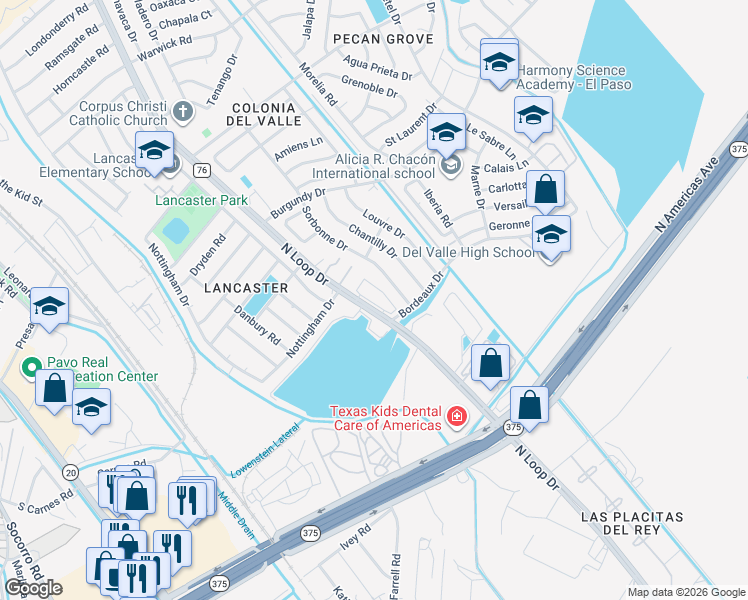 map of restaurants, bars, coffee shops, grocery stores, and more near 9430 Sorbonne Drive in El Paso