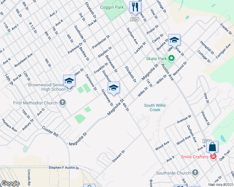 map of restaurants, bars, coffee shops, grocery stores, and more near 11 Southside Drive in Brownwood