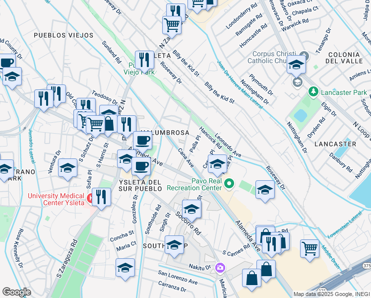 map of restaurants, bars, coffee shops, grocery stores, and more near 109 Juno Place in El Paso