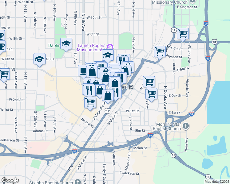 map of restaurants, bars, coffee shops, grocery stores, and more near 301-317 Central Ave in Laurel