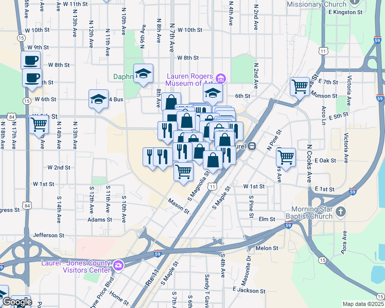 map of restaurants, bars, coffee shops, grocery stores, and more near 605 Choctaw Street in Laurel