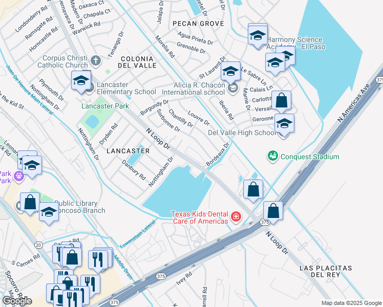 map of restaurants, bars, coffee shops, grocery stores, and more near 9431 North Loop Drive in El Paso