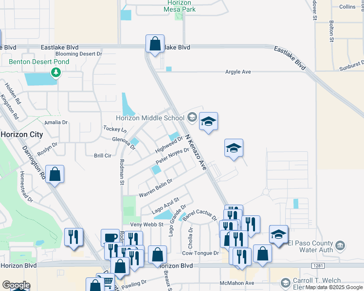 map of restaurants, bars, coffee shops, grocery stores, and more near 14141 Peter Noyes Drive in Horizon City