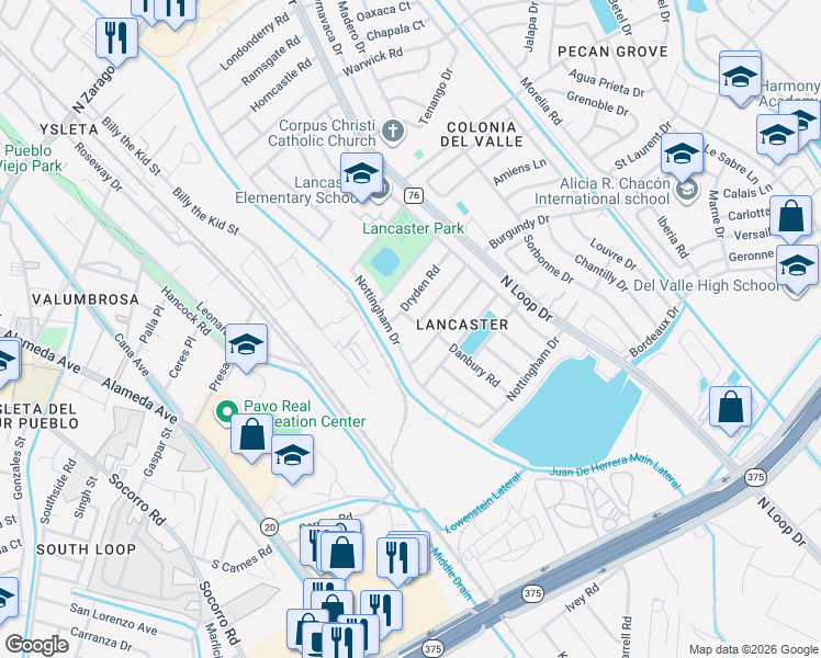 map of restaurants, bars, coffee shops, grocery stores, and more near 624 Thames Drive in El Paso
