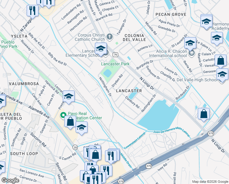 map of restaurants, bars, coffee shops, grocery stores, and more near 624 Thames Drive in El Paso