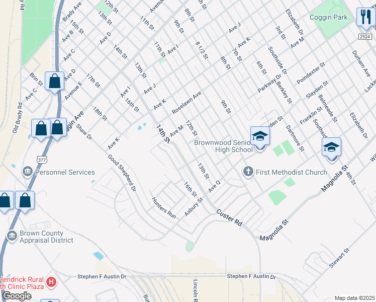 map of restaurants, bars, coffee shops, grocery stores, and more near 2207 13th Street in Brownwood