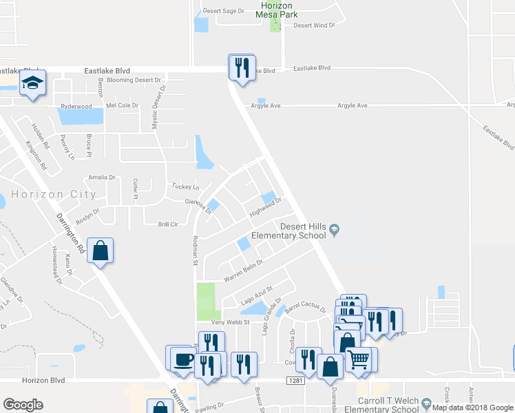 map of restaurants, bars, coffee shops, grocery stores, and more near 14113 Highweed Drive in El Paso