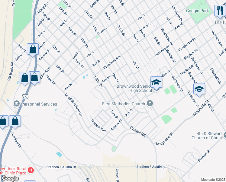 map of restaurants, bars, coffee shops, grocery stores, and more near 2207 13th Street in Brownwood