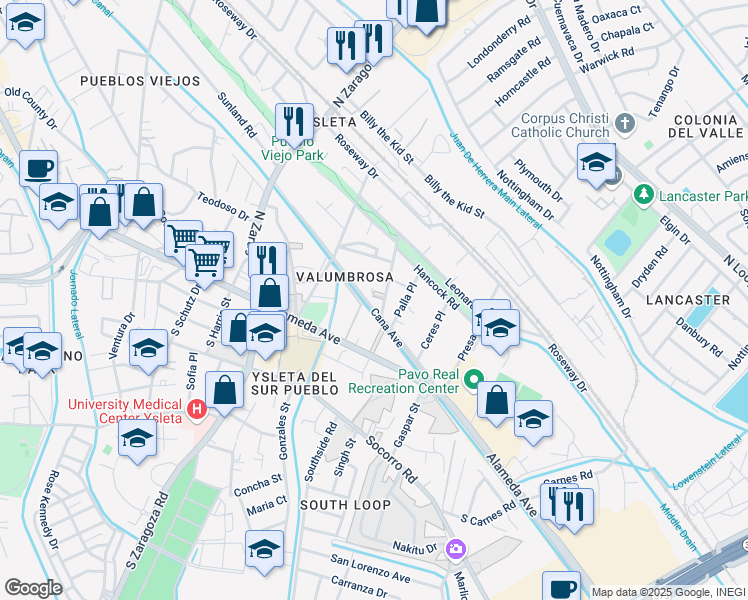 map of restaurants, bars, coffee shops, grocery stores, and more near 109 Juno Place in El Paso