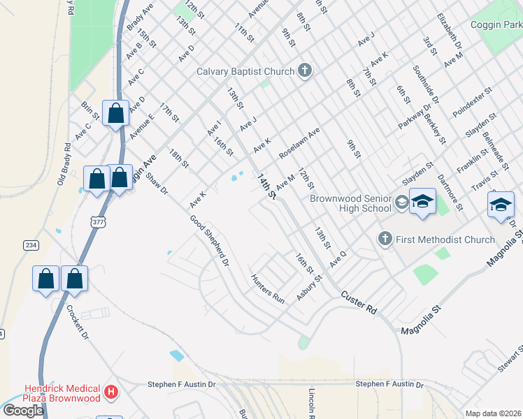 map of restaurants, bars, coffee shops, grocery stores, and more near in Brownwood