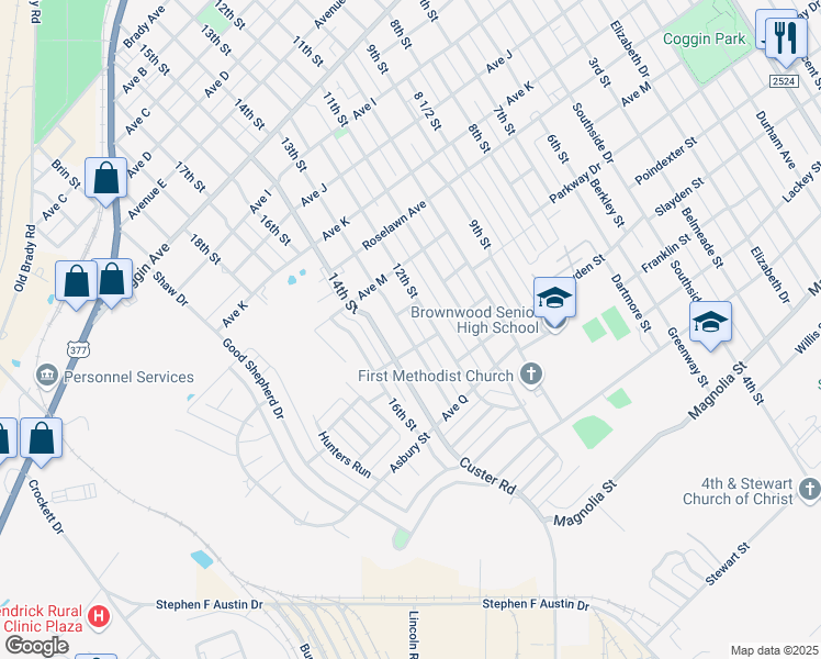 map of restaurants, bars, coffee shops, grocery stores, and more near 2207 13th Street in Brownwood