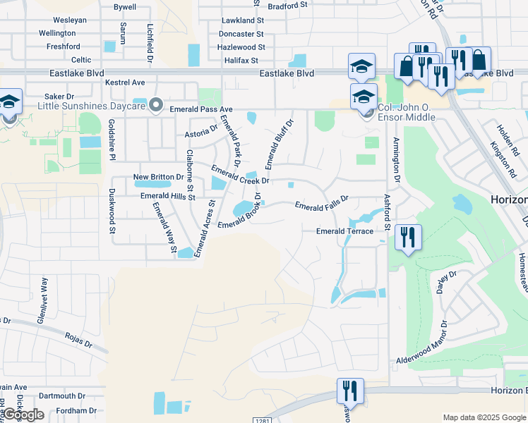 map of restaurants, bars, coffee shops, grocery stores, and more near 13448 Emerald Falls Drive in Horizon City
