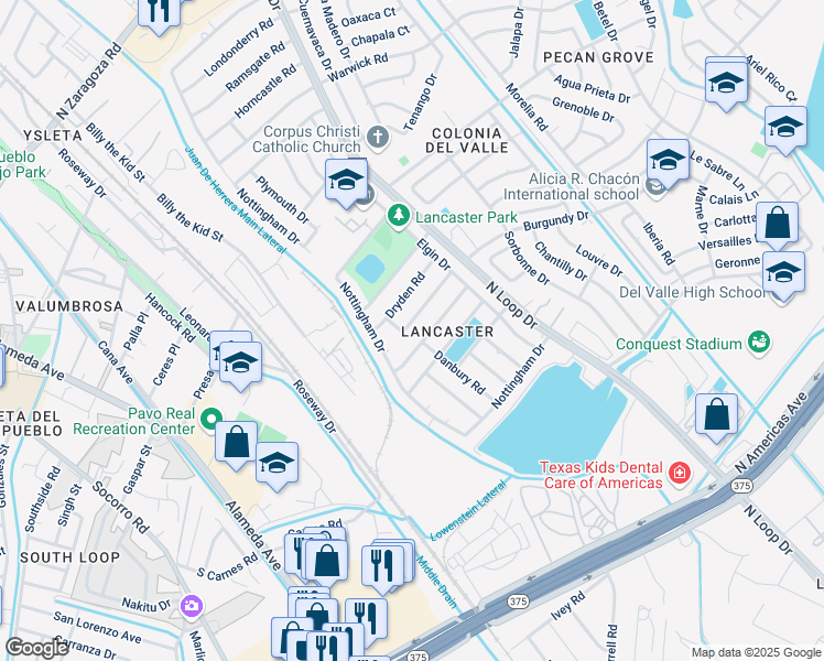 map of restaurants, bars, coffee shops, grocery stores, and more near 624 Thames Drive in El Paso