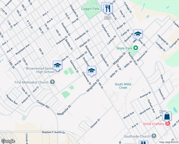 map of restaurants, bars, coffee shops, grocery stores, and more near 11 Southside Drive in Brownwood