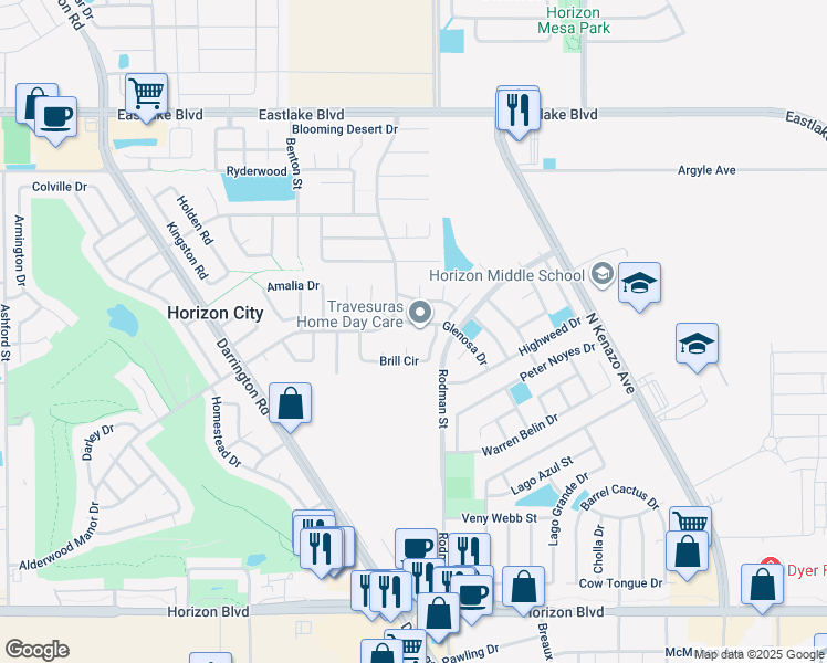 map of restaurants, bars, coffee shops, grocery stores, and more near 14006 Glenosa Drive in Horizon City