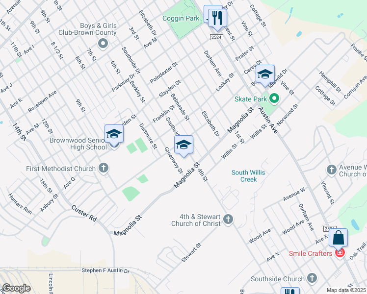 map of restaurants, bars, coffee shops, grocery stores, and more near 11 Southside Drive in Brownwood