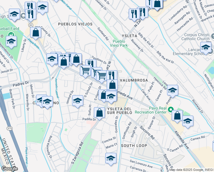map of restaurants, bars, coffee shops, grocery stores, and more near 9051 Alameda Avenue in El Paso