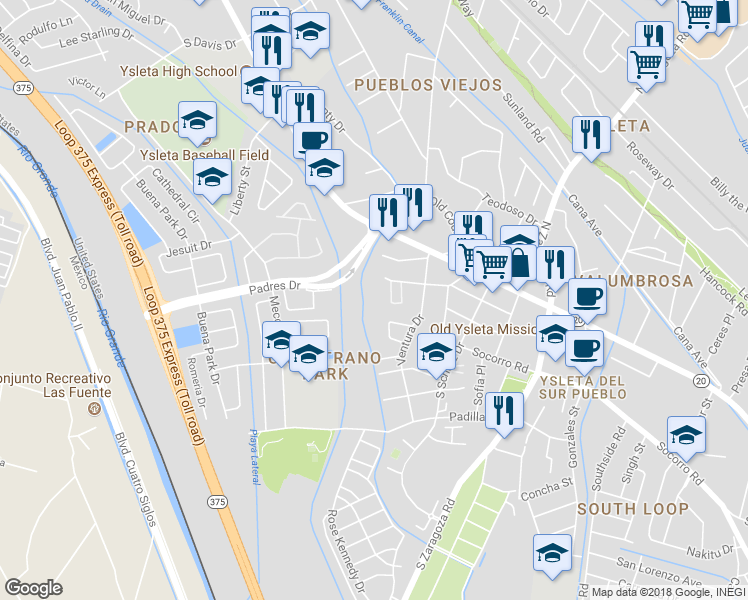 map of restaurants, bars, coffee shops, grocery stores, and more near 133 Snelson Drive in El Paso
