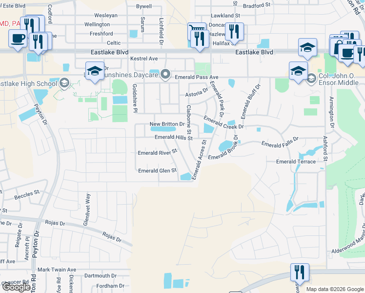 map of restaurants, bars, coffee shops, grocery stores, and more near 367 Emerald Woods Street in El Paso