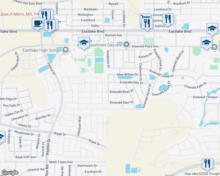 map of restaurants, bars, coffee shops, grocery stores, and more near 357 Emerald Lake Place in Horizon City
