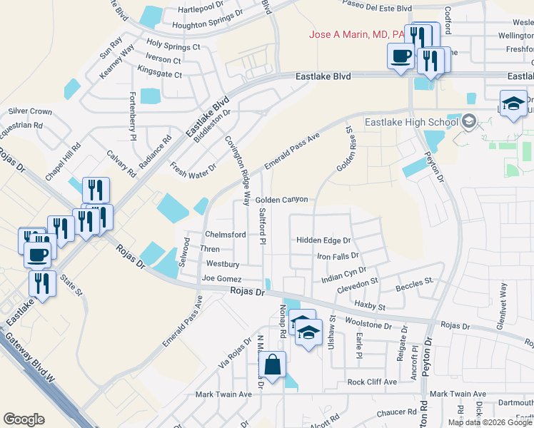 map of restaurants, bars, coffee shops, grocery stores, and more near 329 Saltford Place in El Paso