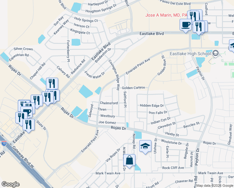 map of restaurants, bars, coffee shops, grocery stores, and more near 330 Silver Hill in El Paso