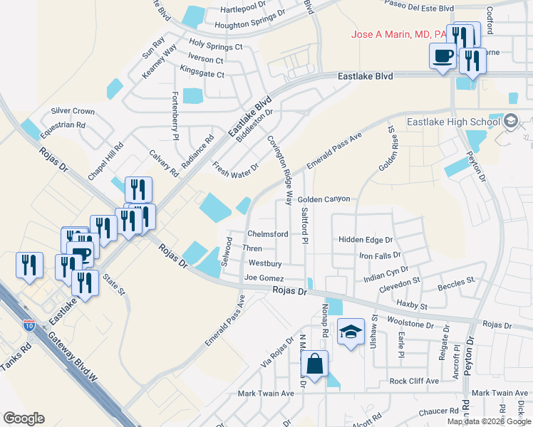 map of restaurants, bars, coffee shops, grocery stores, and more near 12325 Chelmsford in El Paso