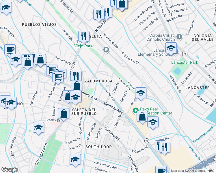 map of restaurants, bars, coffee shops, grocery stores, and more near 109 Juno Place in El Paso