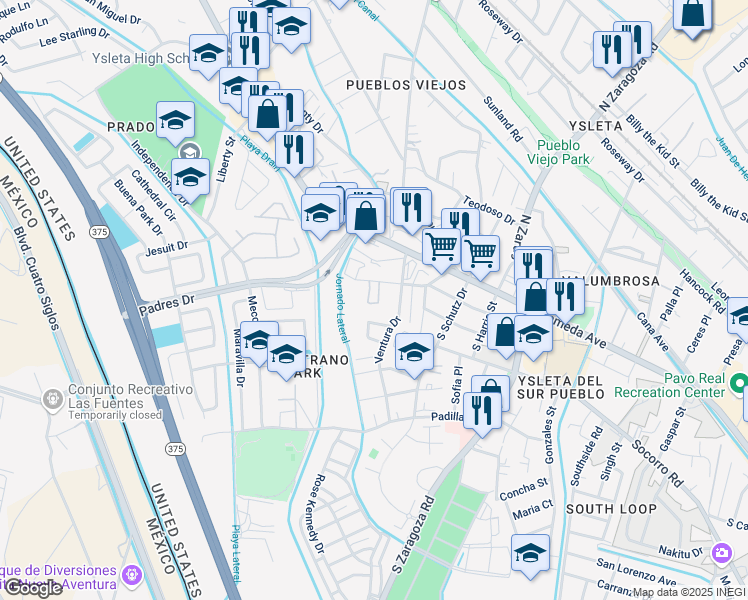 map of restaurants, bars, coffee shops, grocery stores, and more near 133 Snelson Drive in El Paso