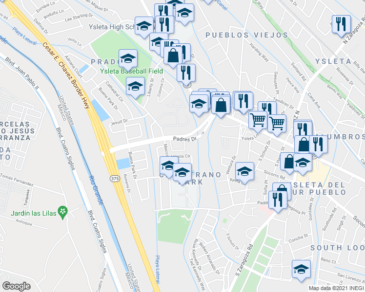 map of restaurants, bars, coffee shops, grocery stores, and more near 270 Padres Drive in El Paso