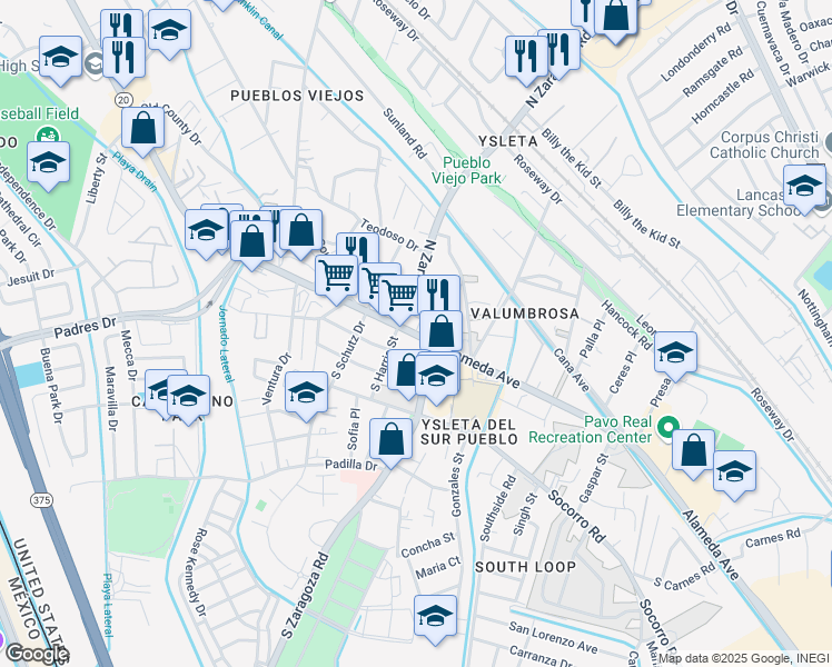 map of restaurants, bars, coffee shops, grocery stores, and more near 9051 Alameda Avenue in El Paso